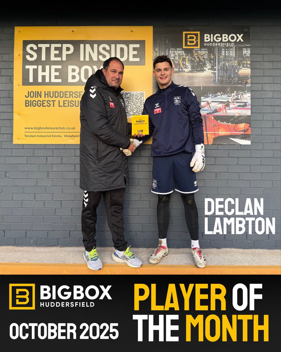 BigBox Huddersfield Player of the Month | October 2025 

Congratulations to Declan Lambton, who received 60% of the vote in October to claim the @bigboxhuddersfield POTM award. 

Dec was presented with the award before kick-off on Saturday by Emley AFC Manager, Richard Tracey.