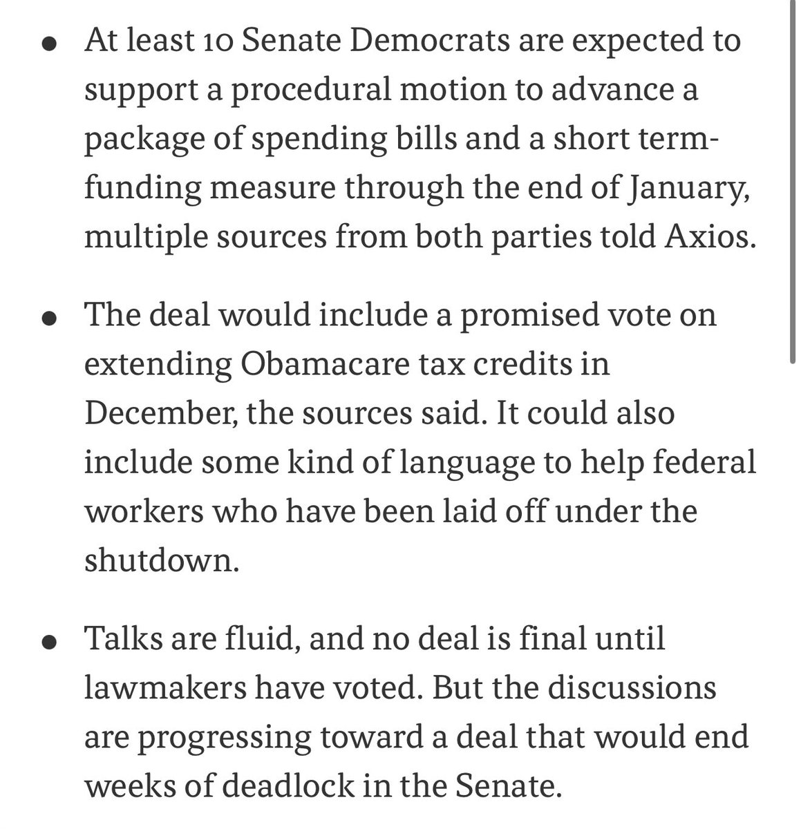 TheMaineWonk's tweet image. 🚨 BREAKING: SENATE DEMOCRATS DEAL IN MOTION TO OPEN GOVERNMENT REPUBLICANS CAVE ON SUBSIDIES VOTE. 

SOURCE: @axios