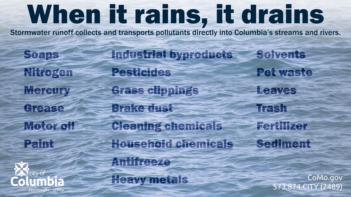 Stormwater is inevitable, but its effects can be reduced by keeping harmful chemicals and materials out of runoff.
Reducing pollutants and maintaining landscaping can help minimize pollution risks in our watersheds.
como.gov/stormwater-und…