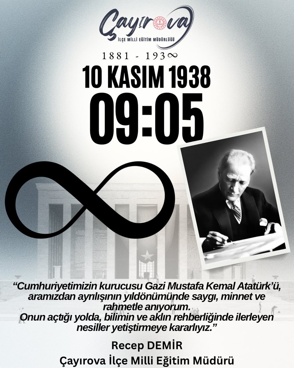 Cumhuriyetimizin kurucusu Gazi Mustafa Kemal Atatürk’ü, ebediyete intikalinin yıldönümünde saygı, minnet ve rahmetle anıyoruz.
Onun ilkeleri ve fikirleri, daima yolumuzu aydınlatmaya devam edecektir.

#10kasım #atatürk #saygıveminnetle #mustafakemalatatürk #çayırovamem