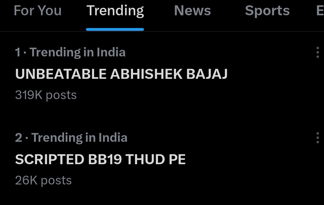 PalakSharmaa1's tweet image. 🚨BREAKING:- #AbhishekBajaj Fans Broken the record both tagline trending at no.1 and no.2 position in India 🔥

UNBEATABLE ABHISHEK BAJAJ
SCRIPTED BB19 THUD PE