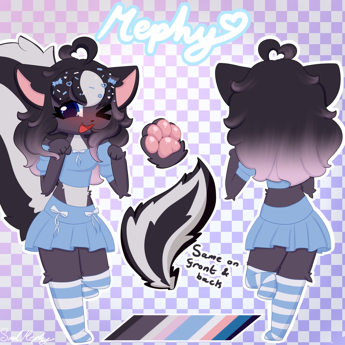 mephy re-design!! her outfit has changed slightly along with her colour scheme, but the main changes is she now has lots of sprinkle hair clips and pink ombre hair!! :3
