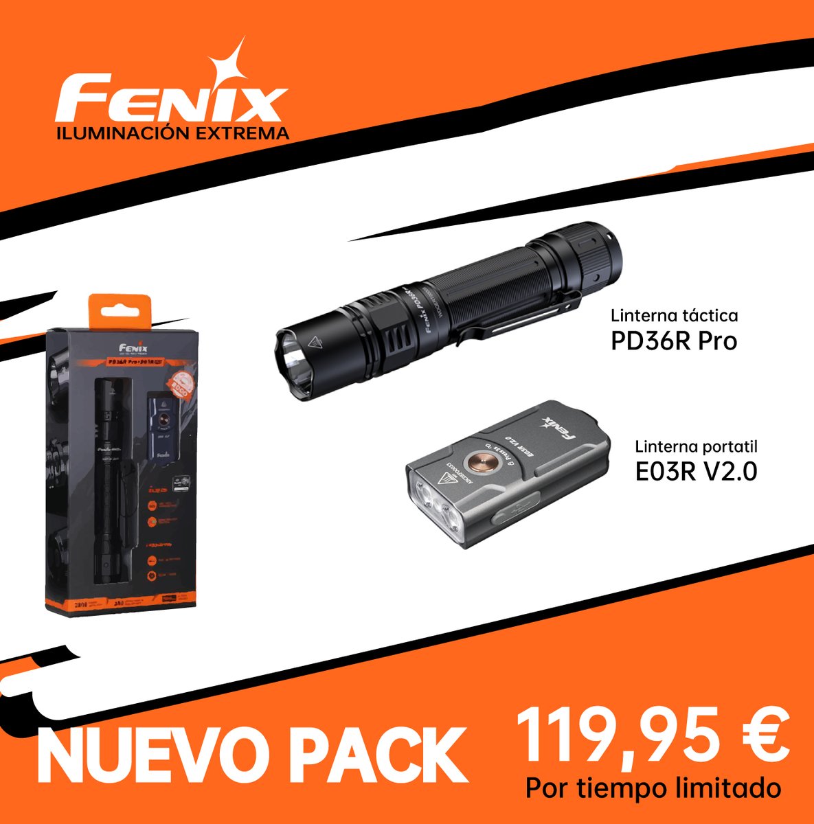 FenixLinternas's tweet image. ¡Nuevo #pack Fenix! PD36R Pro (2800 lúmens) + E03R V2.0 llavero #LED. Potencia + portabilidad en un solo combo. 🔦🗝️ ¡Ya disponible en tienda!