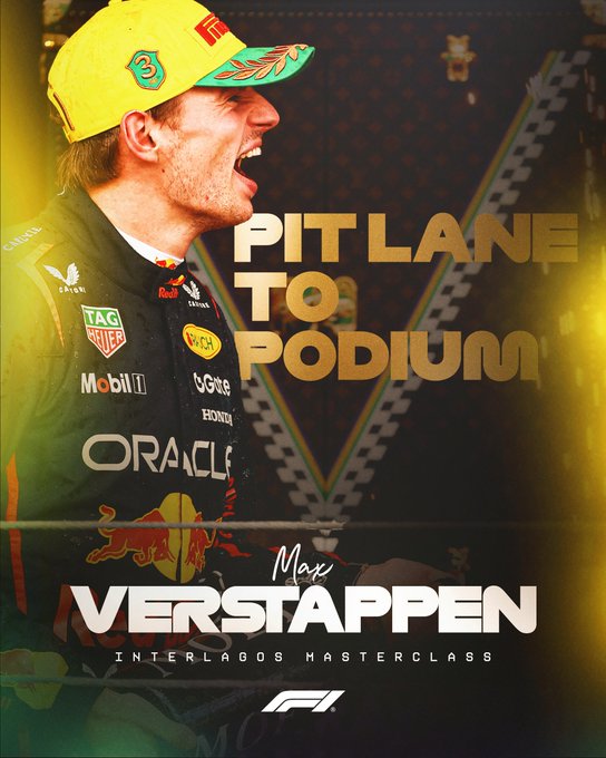 A man wearing a yellow helmet with green accents and a black racing suit adorned with sponsor logos including TAG Heuer, Mobil 1, Oracle, and Red Bull stands in a dynamic pose with mouth open as if shouting, arms gesturing emphatically. Golden glowing text overlays read Pit lane to podium, Max Verstappen, and F1 Interlagos master at the bottom. The background is dark with subtle lighting effects enhancing the dramatic atmosphere.