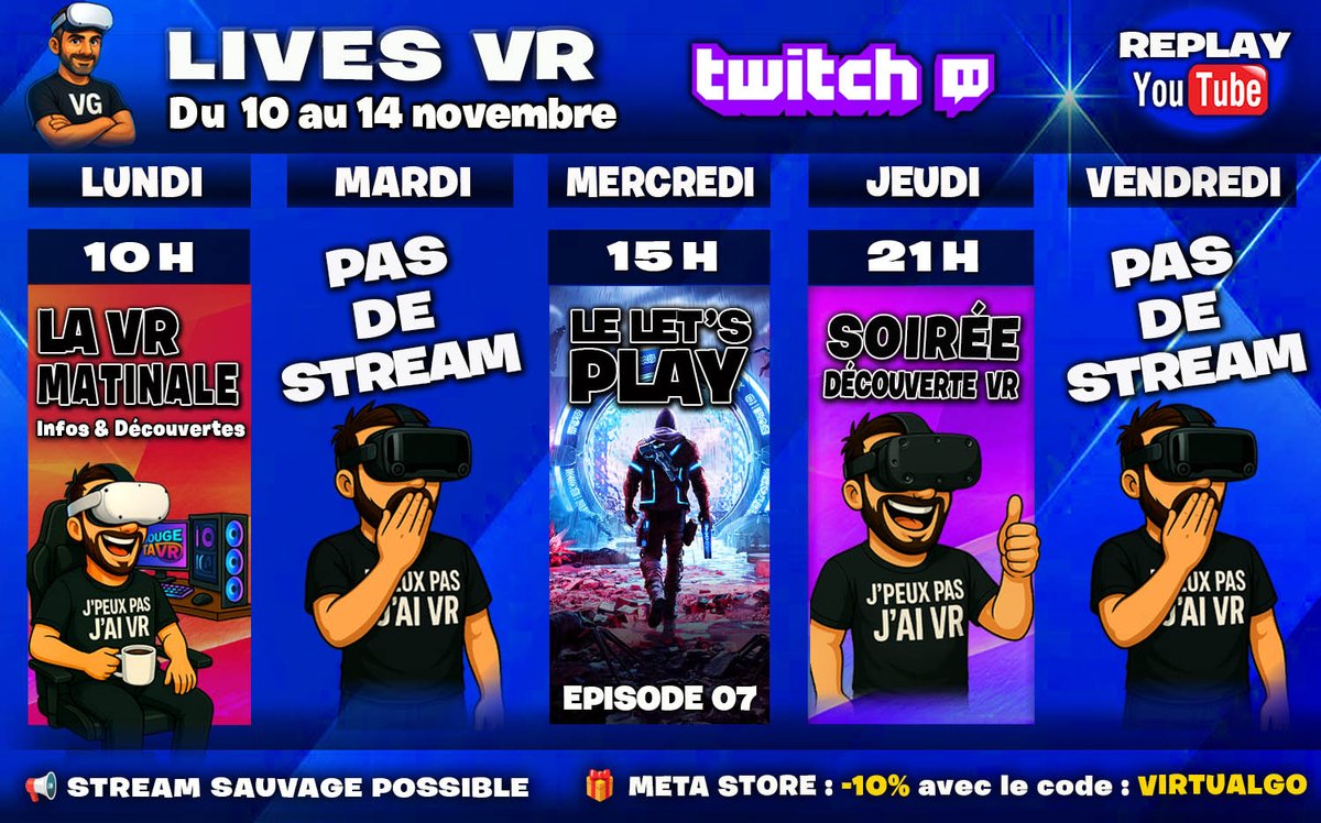 virtualgo34's tweet image. 📢   Salut à TouteZetaTousse ! 
⏰   PLANNING du 10 au 14 Novembre
🔴   Mes réseaux et Boutiques : linktr.ee/VirtualGo
🎁   -10% sur META QUEST Store / Code Promo : VIRTUALGO

#vr #virtualgo #Metaquest3 #PICO4Ultra #psvr2games #pcvr
