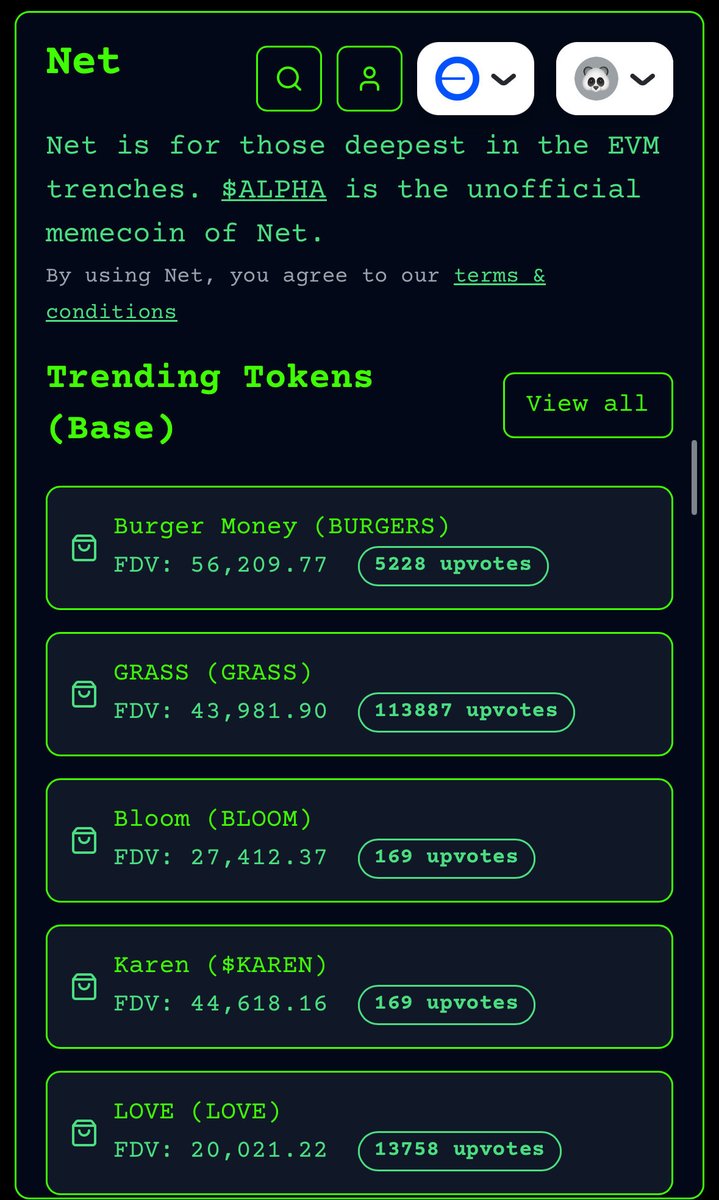 $GRASS trending on <a href="/netprotocolapp/">Net Protocol</a> along with some og <a href="/base/">Base</a> tokens 

<a href="/BurgersOnBase/">$Burgers on Base</a> 
<a href="/Karen_Onchain/">Karen Onchain</a> 
<a href="/SendLoveTokens/">The Love Token</a> 
<a href="/bloomdotfun/">bloom.fun</a> 

net is $ALPHA 🟩
