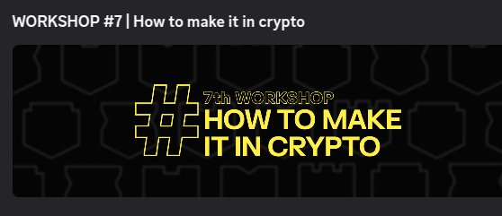 My favourite <a href="/solflare/">Solflare - The Solana Wallet</a> workshop is:

 #7  “How to Make It in Crypto” with <a href="/callahan_dks/">Callahan | Solflare</a>

The thing I liked about this Workshop was how real it was. Callahan was using is own personal stories to lead us through the workshop. It completely shifted my mindset.

He talked about how