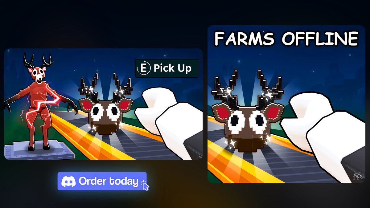 Recent rescaled Thumbnail+Icon for a customer 🤝👀

High quality QPTR/CTR Thumbnail for a 99 Nights Farm Game! 😈🦌

👉🚀DM me now and INCREASE your games stats with eye-catching designs today: atgtgfx

Likes and RTs are appreciated 💙

#ROBLOX #RobloxDev #robloxGFX #robloxart