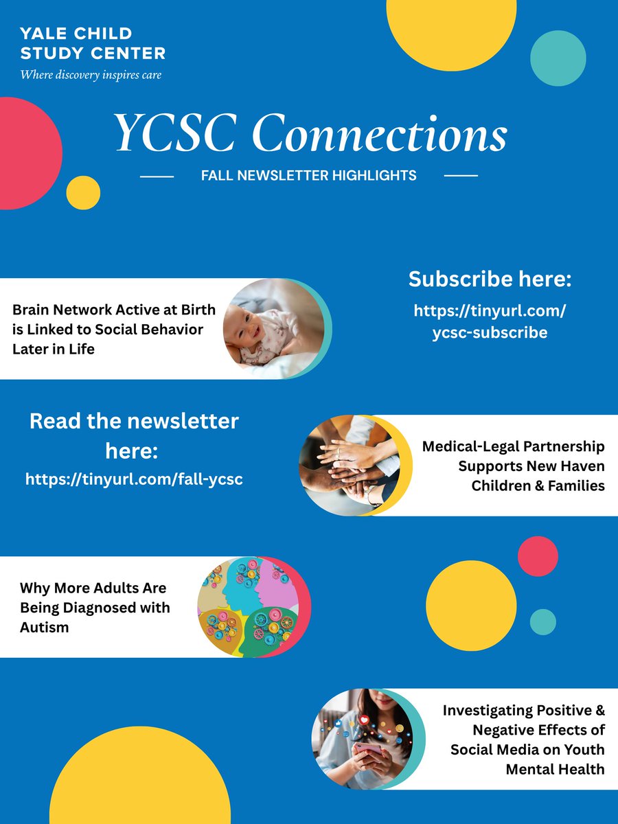 YaleCSC's tweet image. Fall updates from the Yale Child Study Center!
• Brain networks at birth shape social behavior
• Medical-legal partnership aids families
• Rise in adult autism diagnoses
• Social media and youth mental health
Read: tinyurl.com/fall-ycsc
Subscribe: tinyurl.com/ycsc-subscribe