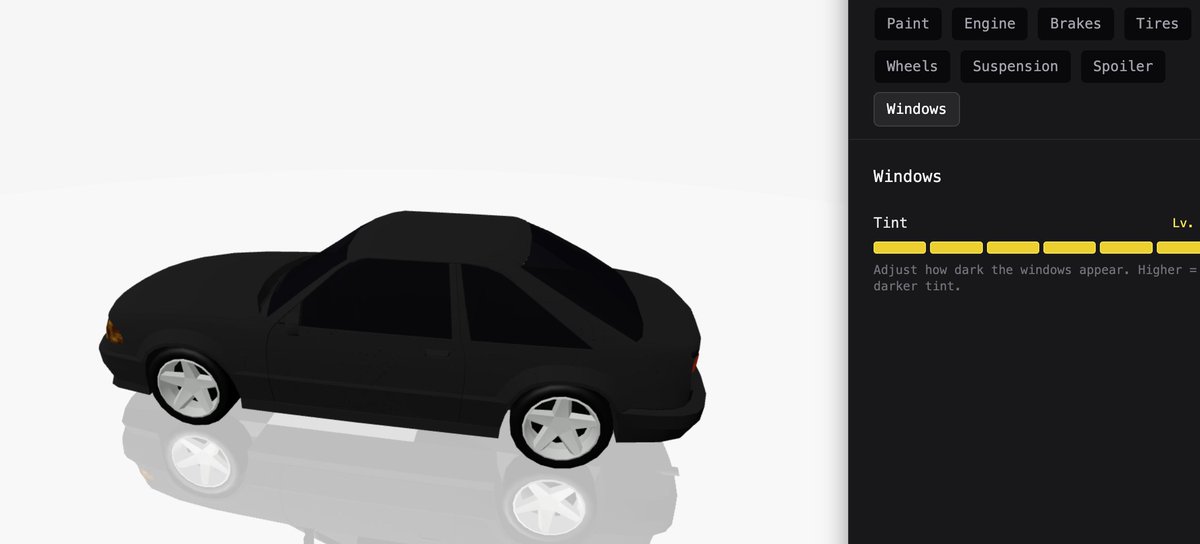 klattkev's tweet image. Just added window tint to my car tuning system in the web sandbox game @kubegame_ what should I add next?

#threejs #webgamedev #kubegame