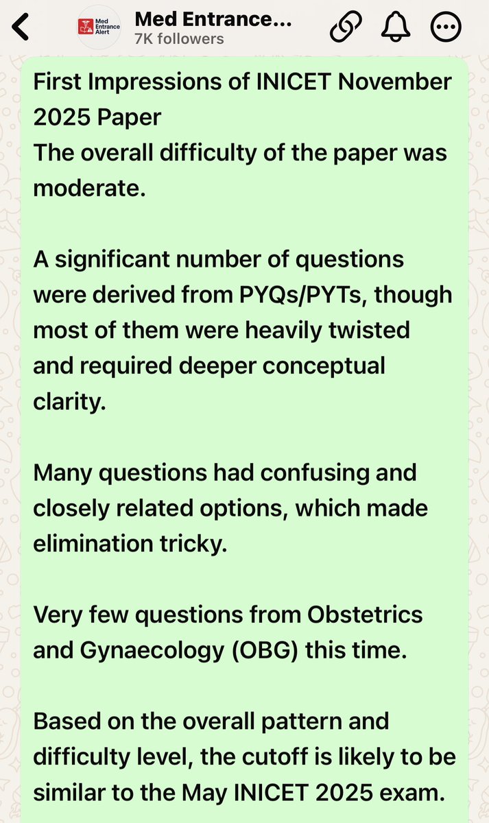 DrNaveenKumawat's tweet image. First Impressions of INICET November 2025 Paper
The overall difficulty of the paper was moderate. 
Examiners are continuing to ask  more clinical, more conceptual questions. The trend continues..

#INICET #NEETPG #MedEntranceAlert