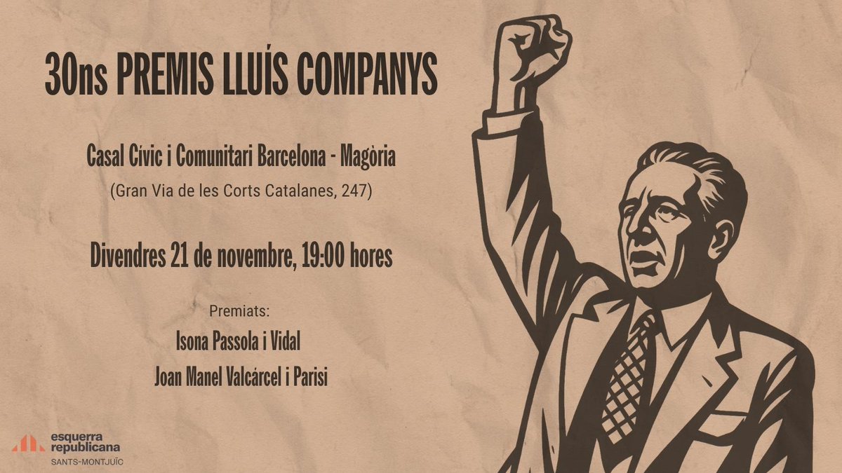 🏆 Un any més tornen els #PremisLluísCompanys! 

➡️ 30a edició!

📅 Divendres 21/11 | 🕖 19:00 h

📍Casal Cívic i Comunitari - Magòria

📢Un dia per reconèixer persones que ens inspiren amb el seu compromís amb la gent, la cultura i un futur millor per Sants-Montjuïc i Catalunya
