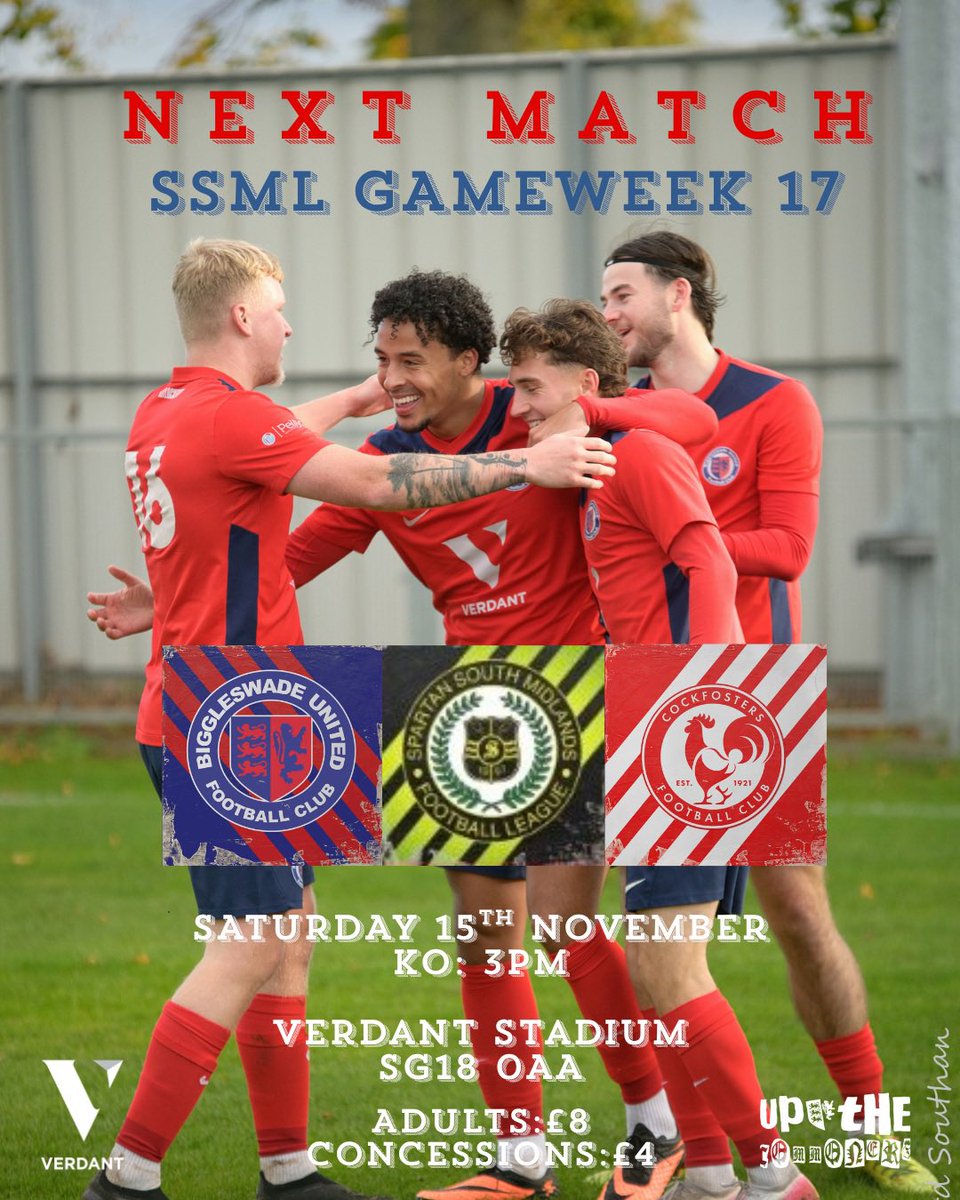 NEXT MATCH 🔴🔵

Huge game back at The Verdant next Saturday for our Men’s First Team!

3rd vs 5th in the Spartans, teams only separated by GD, should be a cracker!

🆚<a href="/CockfostersFC/">Cockfosters FC</a> 
🏟️ <a href="/verdantfp/">@verdantfp</a> Stadium, SG18 0AA
🏆<a href="/SSMFLOfficial/">Spartan South Midlands Football League Official</a> 
📆 Saturday
⏰ 3PM
🎟️ Adults: £8 | Concs: £4