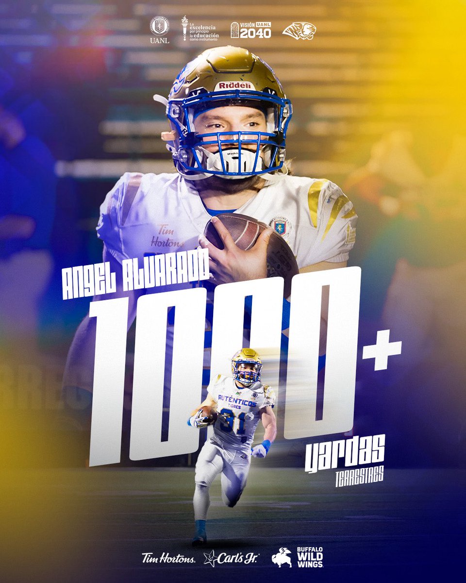 UANL_Autenticos's tweet image. FELICIDADES, ÁNGEL ALVARADO 💥

Nuestro corredor #31 superó la barrera de las 1000 yardas por acarreo durante la temporada regular 2025 de la ONEFA.

Un logro que refleja su talento y su arduo trabajo! 🐯

#ATMayor #SerAuténtico #RugidoTigre