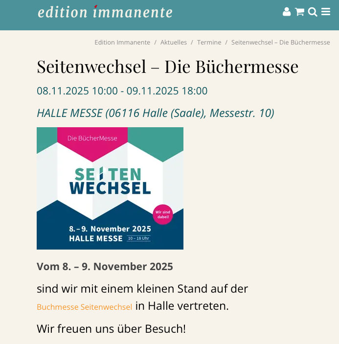 Der anthroposophische Verlag Edition Immanente nahm an der rechten Buchmesse "Seitenwechsel" in Halle teil (8.-9.11.). Viele der Autor*innen sind im rechts- &amp; verschwörungsesoterischen Milieu aktiv. Einige publizieren in rechten/rechtsextremen Medien.
👉 qrexrecherche.noblogs.org/post/2025/11/0…