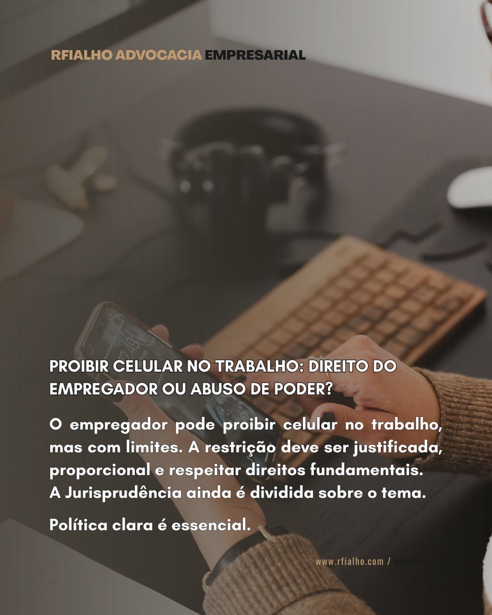 rfialhoadv's tweet photo. Para ser válida, a restrição deve: • Constar em regulamento interno divulgado aos empregados • Ter justificativa (segurança, confidencialidade, natureza da atividade) • Ser proporcional e aplicada de forma igual a todos • Prever sanções adequadas

 https://t.co/K44jlTI9XL https://t.co/EzQZpI9eMb