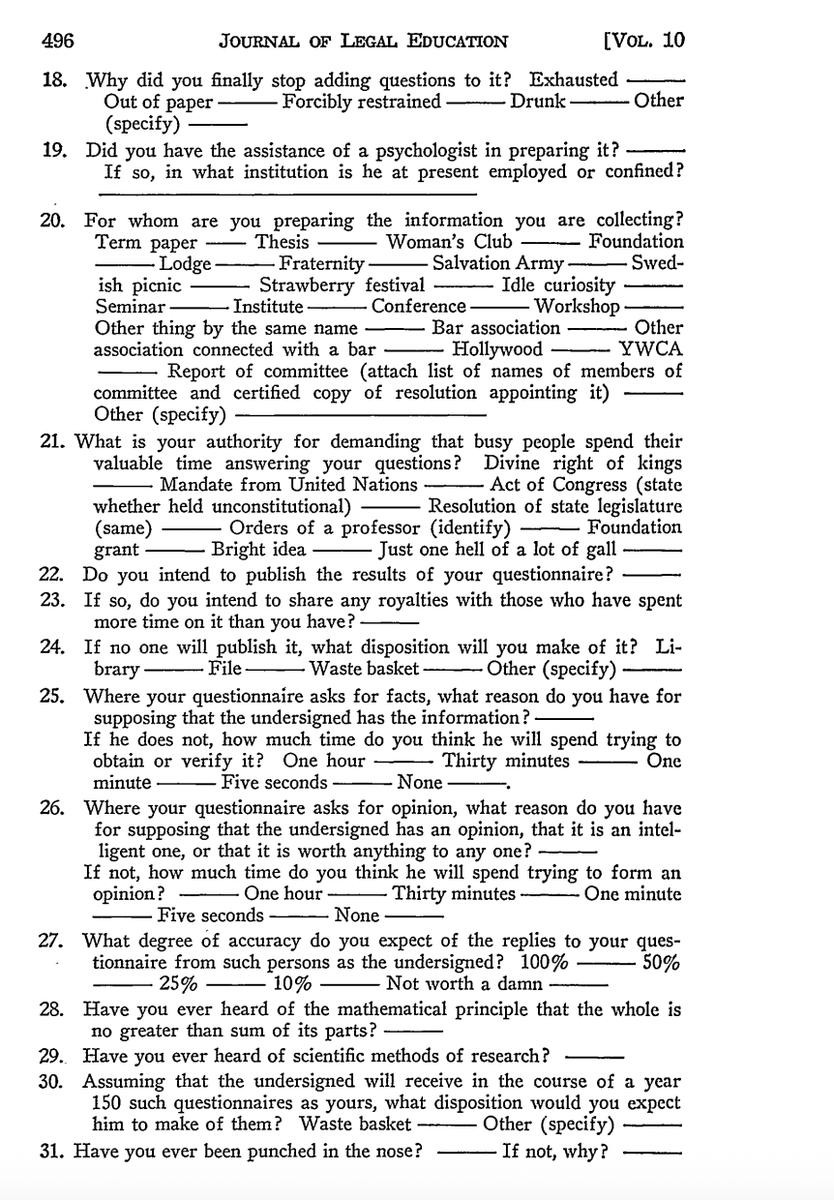 OrinKerr's tweet photo. Back in the 1950s, law schools apparently received inquiries from potential applicants that sometimes included a lot of questions.   Here, Dean Prosser of UC Berkeley imagines a reply.
https://t.co/tvAj8PDwL5 https://t.co/IpRPWB1ZVJ