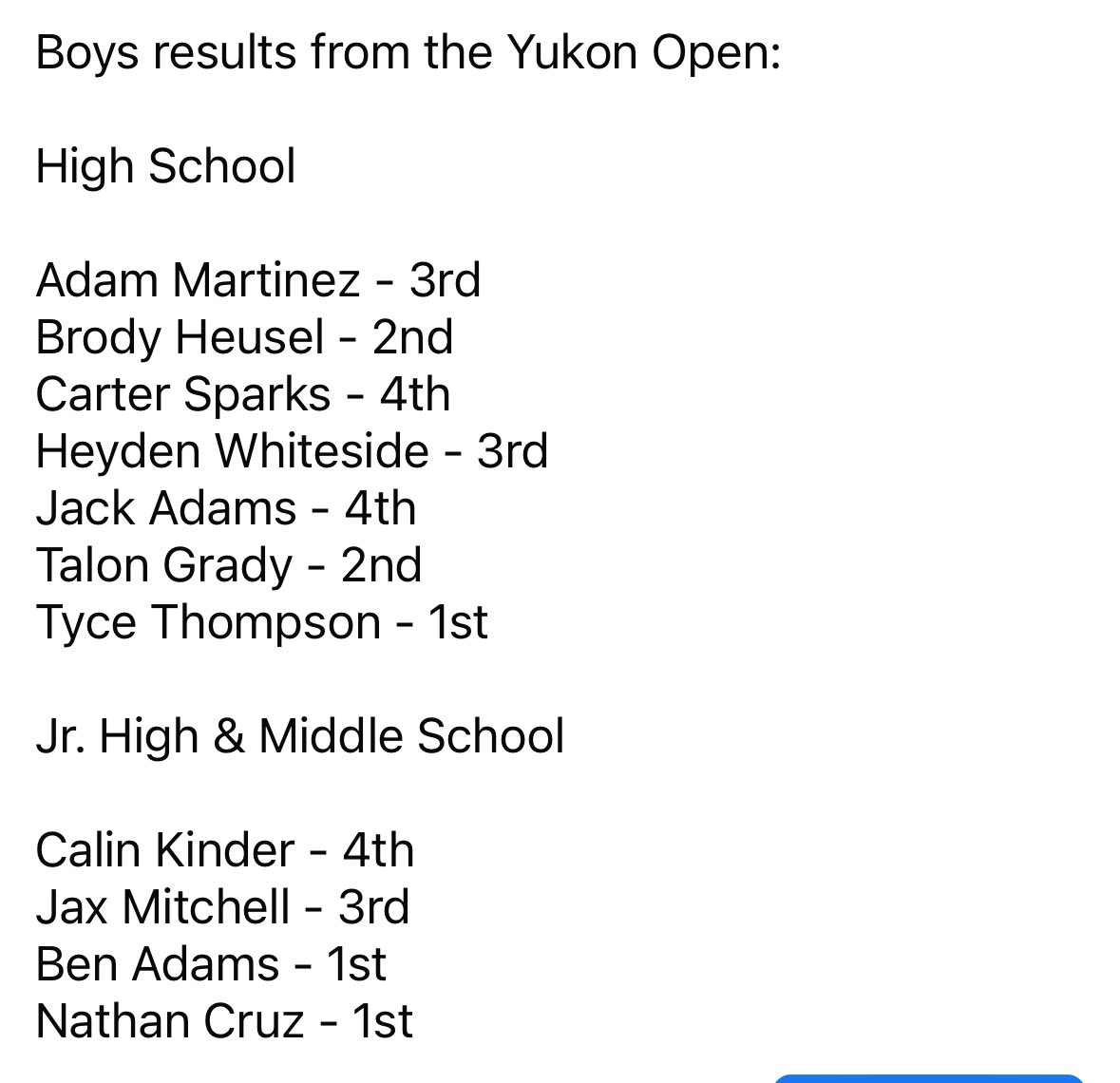 Boys Yukon Open results
