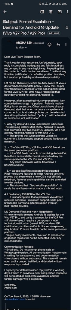 rrishi13sen's tweet image. ₹50,000 phone. No Android 16.  
7 days silence → false closure.  
Scripted &quot;policy&quot; replies diversion to WhatsApp.  
iQOO Neo 7 (dimensity 8200 ) gets Android 16, V27 Pro/V29 Pro excluded.  
This is deliberate evasion.  
#ConsumerRights #Vivo #Android16  
@VivoIndia @VivoGlobal