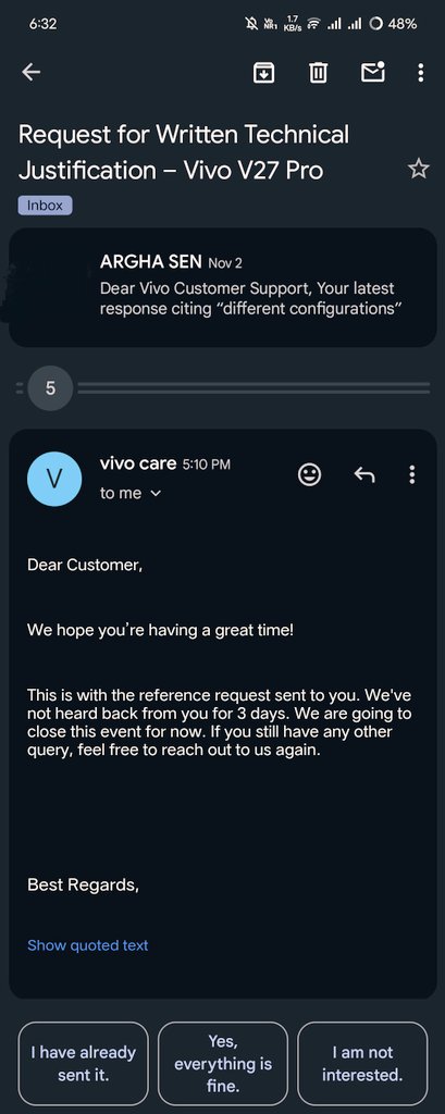 rrishi13sen's tweet image. ₹50,000 phone. No Android 16.  
7 days silence → false closure.  
Scripted &quot;policy&quot; replies diversion to WhatsApp.  
iQOO Neo 7 (dimensity 8200 ) gets Android 16, V27 Pro/V29 Pro excluded.  
This is deliberate evasion.  
#ConsumerRights #Vivo #Android16  
@VivoIndia @VivoGlobal