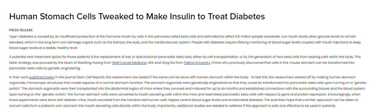 1/ Scientists just turned human stomach cells into insulin-making cells inside mice. This is an incredible success: a credible path to replacing injections with living cells that sense sugar and release insulin on demand!

It’s one of the most striking proofs that regenerative