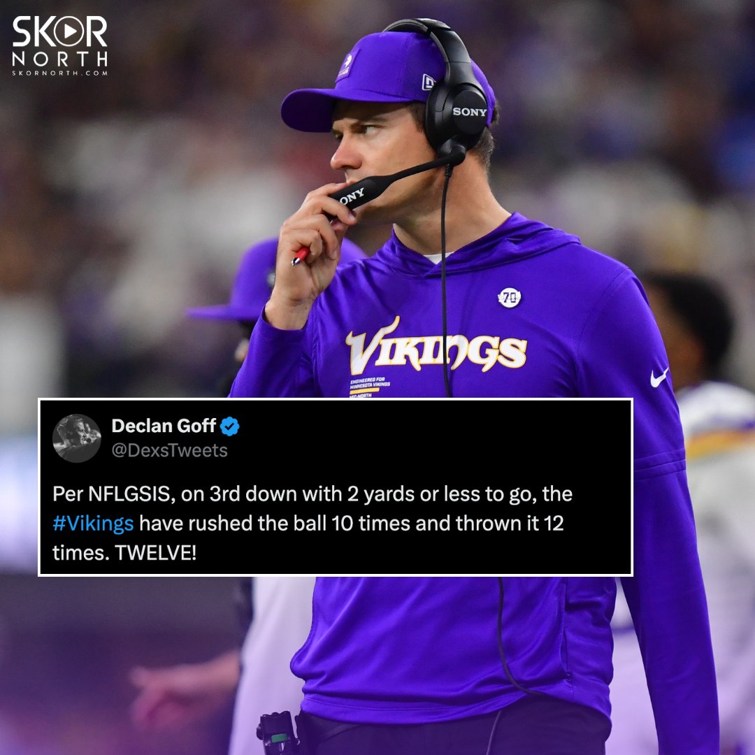 SKORNorth's tweet image. #Vikings head coach Kevin O&apos;Connell refuses to run the football in short-yardage situations. #SKOL