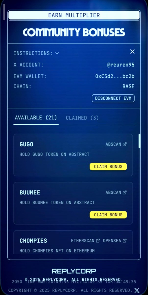 Reuren95's tweet image. @ReplyCorp 社区空投奖励验证通道已开启 🎁

如果你有参与过 ReplyWeb的预存活动，且持有任意合作社区的资产（可享奖励乘数加成）

👉🏻传送门 app.replycorp.io/airdrop-commun…

未来 2 天内进入页面，按简单指引连接相关钱包并验证资产，所有合作社区清已同步展示。
 
11 月 12 日（周三）美国东部时间上午 10…