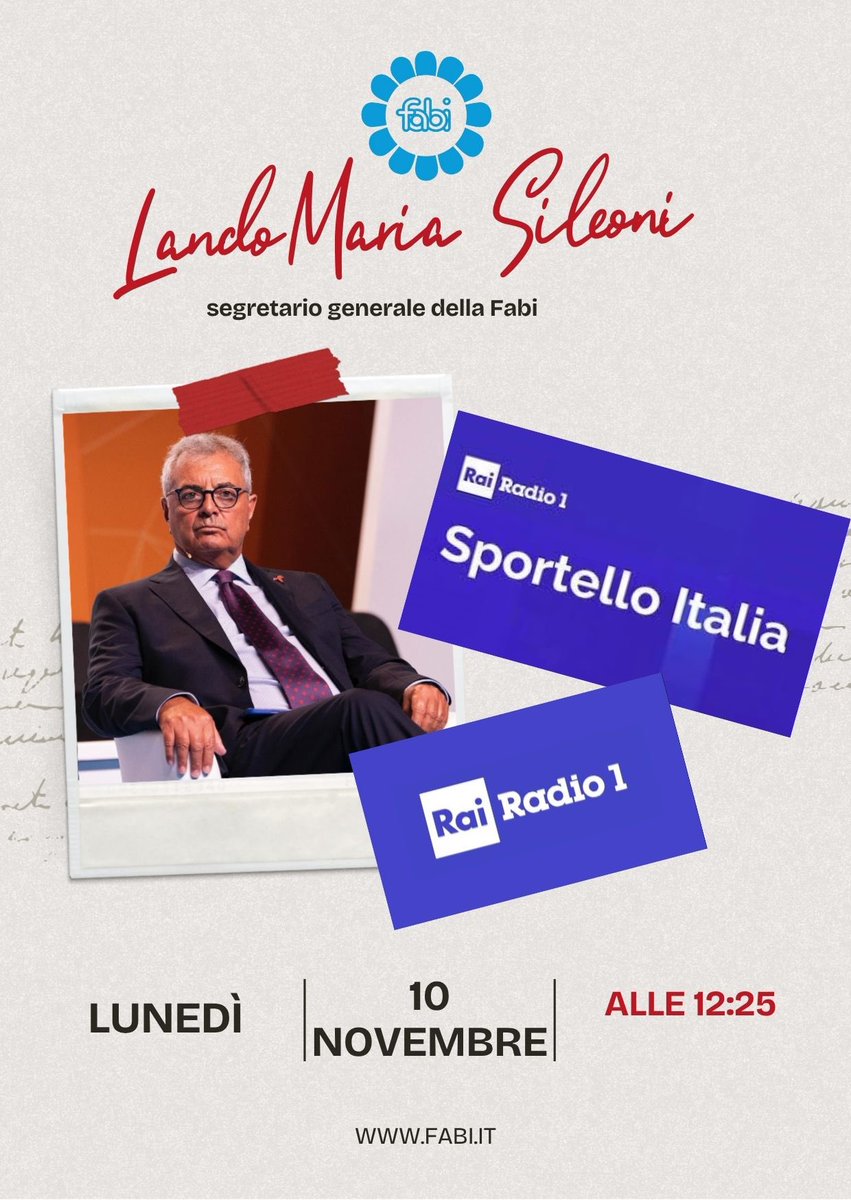 📻 Domani, alle 12:25 a Sportello Italia su RaiRadio1 , il segretario generale della #Fabi, <a href="/LandoSileoni/">Lando Maria Sileoni</a>