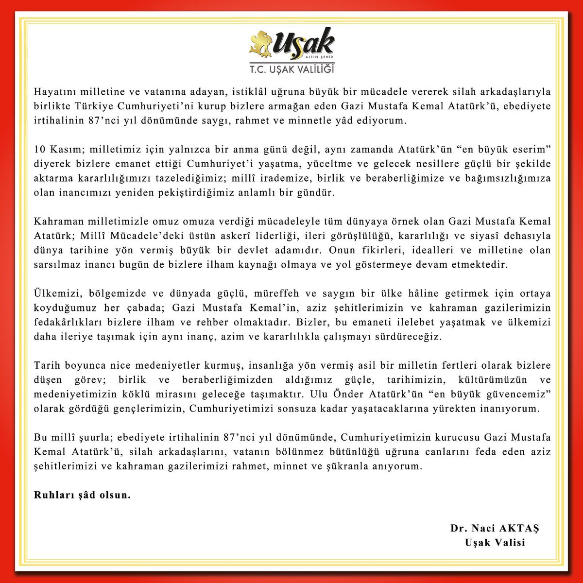 🇹🇷 Milli Mücadele’mizin önderi ve Cumhuriyet'imizin kurucusu Gazi Mustafa Kemal Atatürk’ü ebediyete irtihalinin 87'nci yıl dönümünde rahmet, minnet ve saygıyla yad ediyorum.

#10Kasım