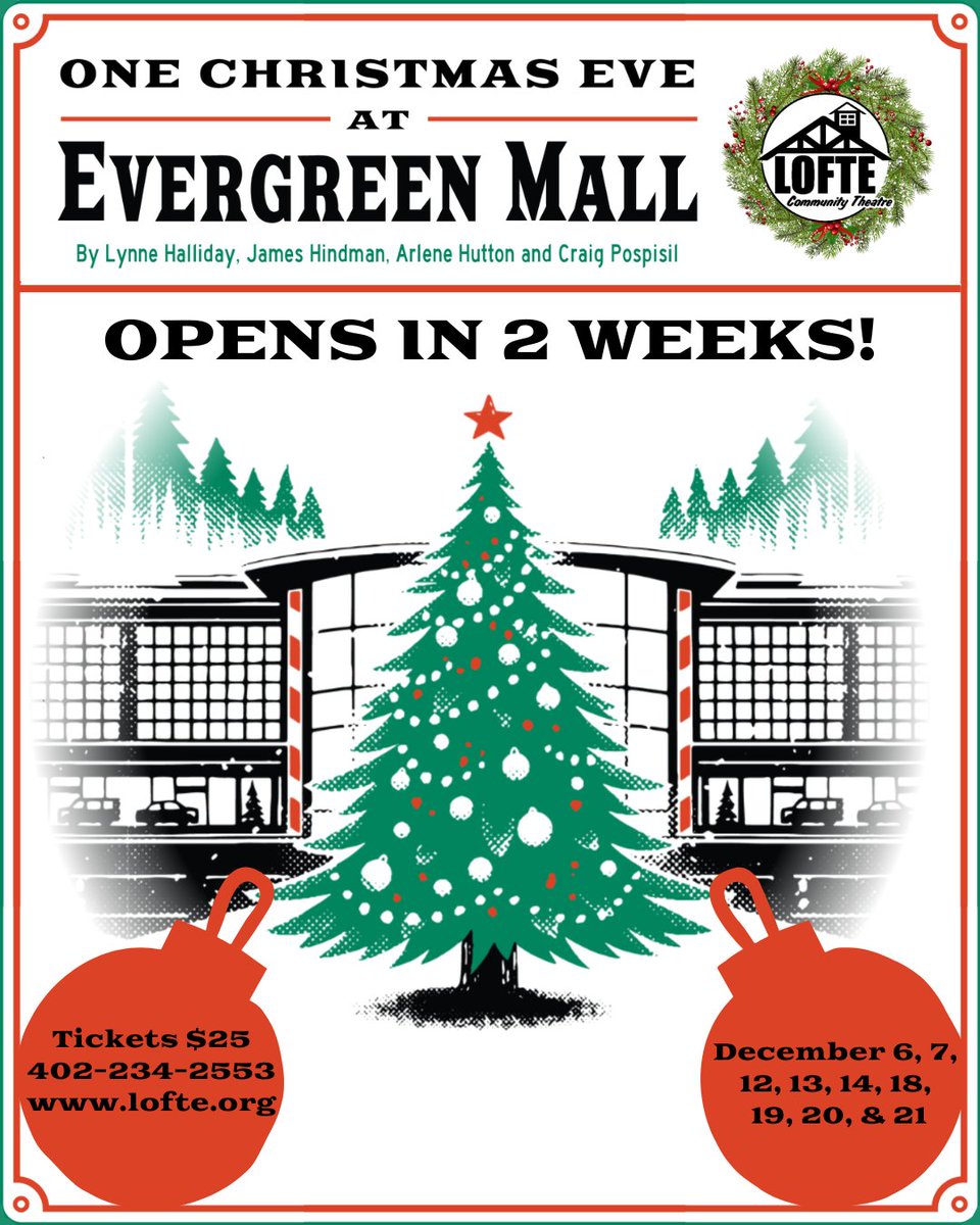 TheLofte's tweet image. From mall Santas and elves to Scrooge and Marley, from last-minute shopping to seasonal hires, this mall has everything, and you won't want to miss it! 
Visit lofte.org/tickets or call 402-234-2553 and get your tickets for One Christmas Eve at Evergreen Mall today!