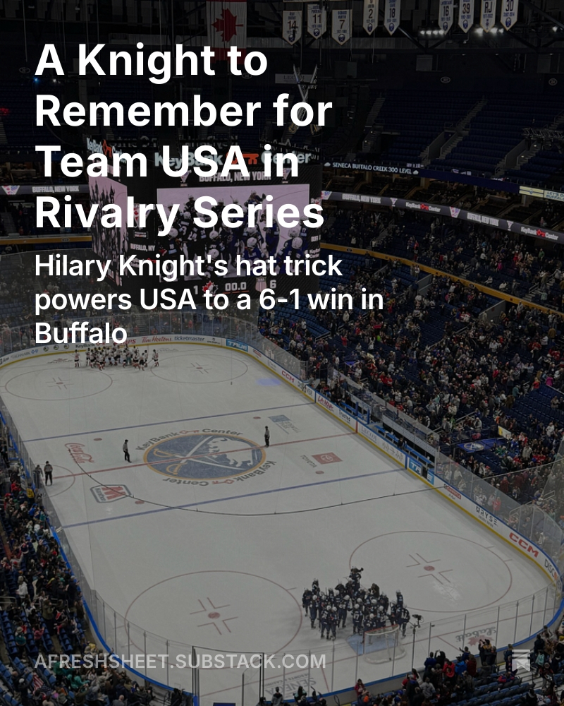 _MelissaBurgess's tweet image. It was a (Hilary) Knight to remember for Team USA, as the @PWHL__Seattle forward&apos;s hat trick helped propel her team to a 6-1 win over Canada to finish off the American portion of the #RivalrySeries.

Details: afreshsheet.substack.com/p/a-knight-to-…