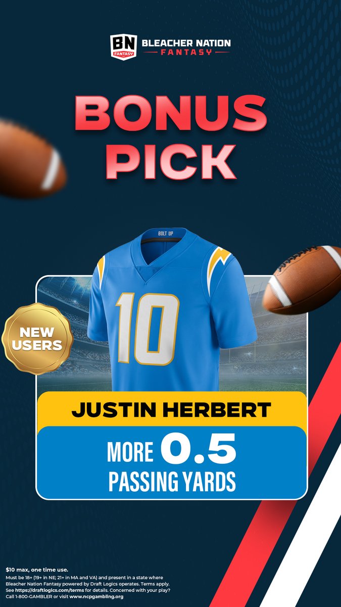 🚨 <a href="/BN_Fantasy_/">Bleacher Nation Fantasy</a> is back with another bonus pick for NEW users:  

Justin Herbert MORE than 0.5 passing yards  

Use code SWISH for a 50% match up to $250. If you deposit $500, you get $250 in bonuses.

Maybe pair it with Mariota MORE than 28.5 rush yards? He's rushed for 28, 34,