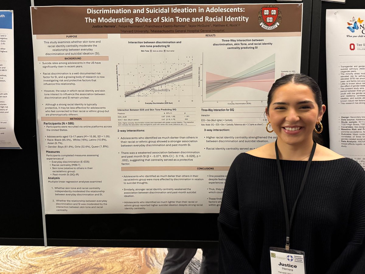 JusticeAHerrera's tweet photo. I'm super grateful to have presented my work in the @NockLabHarvard at the International Summit on Suicide Research hosted by
@IASR_Suicide @afspnational
So amazing to be surrounded by researchers dedicated to better understanding and preventing STBs #Science2StopSuicide https://t.co/SvJPvAWrFu