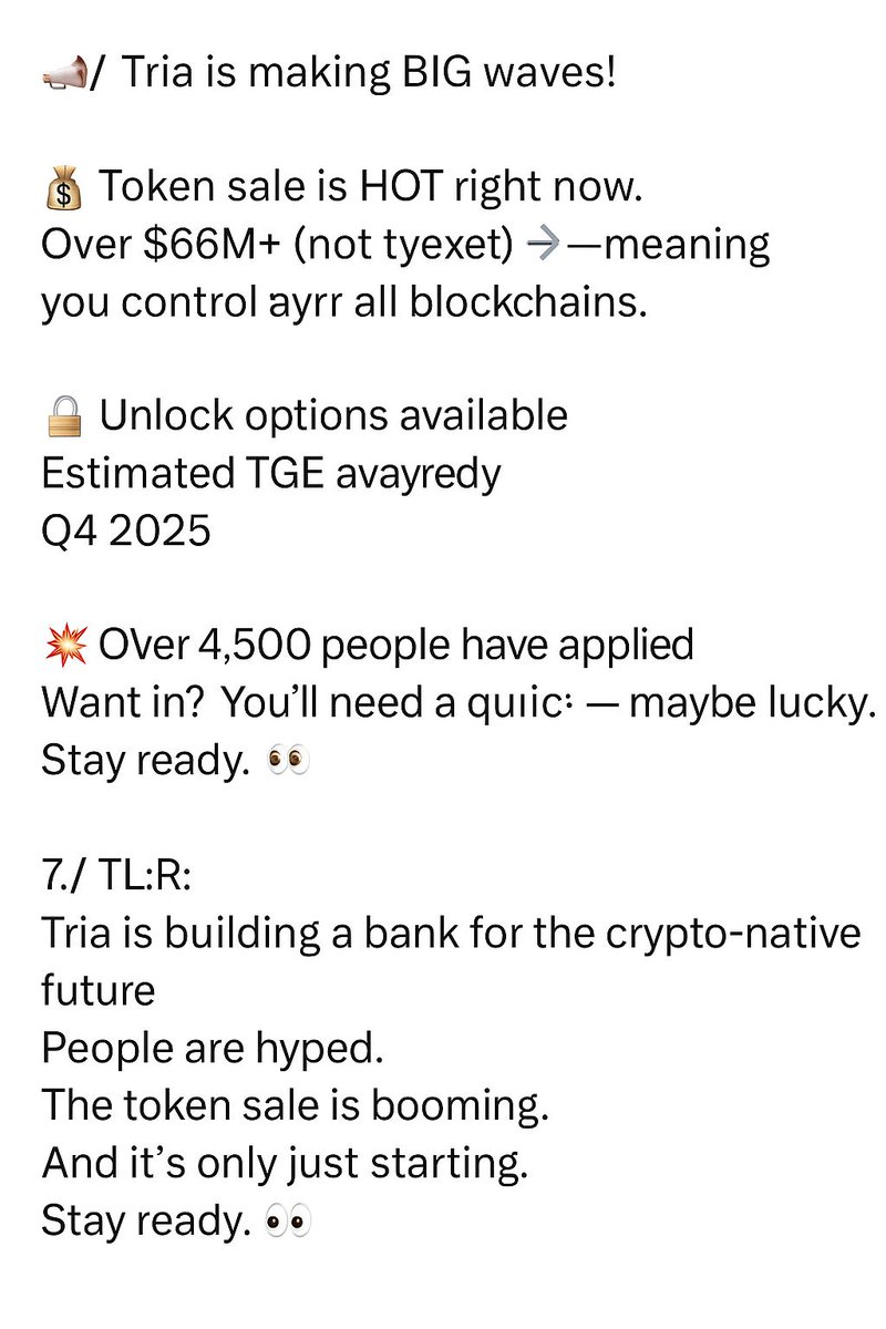 <a href="/useTria/">Tria</a> Token Sale Thread.

📢 Tria is making BIG waves!  
They're building a self-custodial neobank  meaning you control your money while spending, trading, and earning across all blockchains.