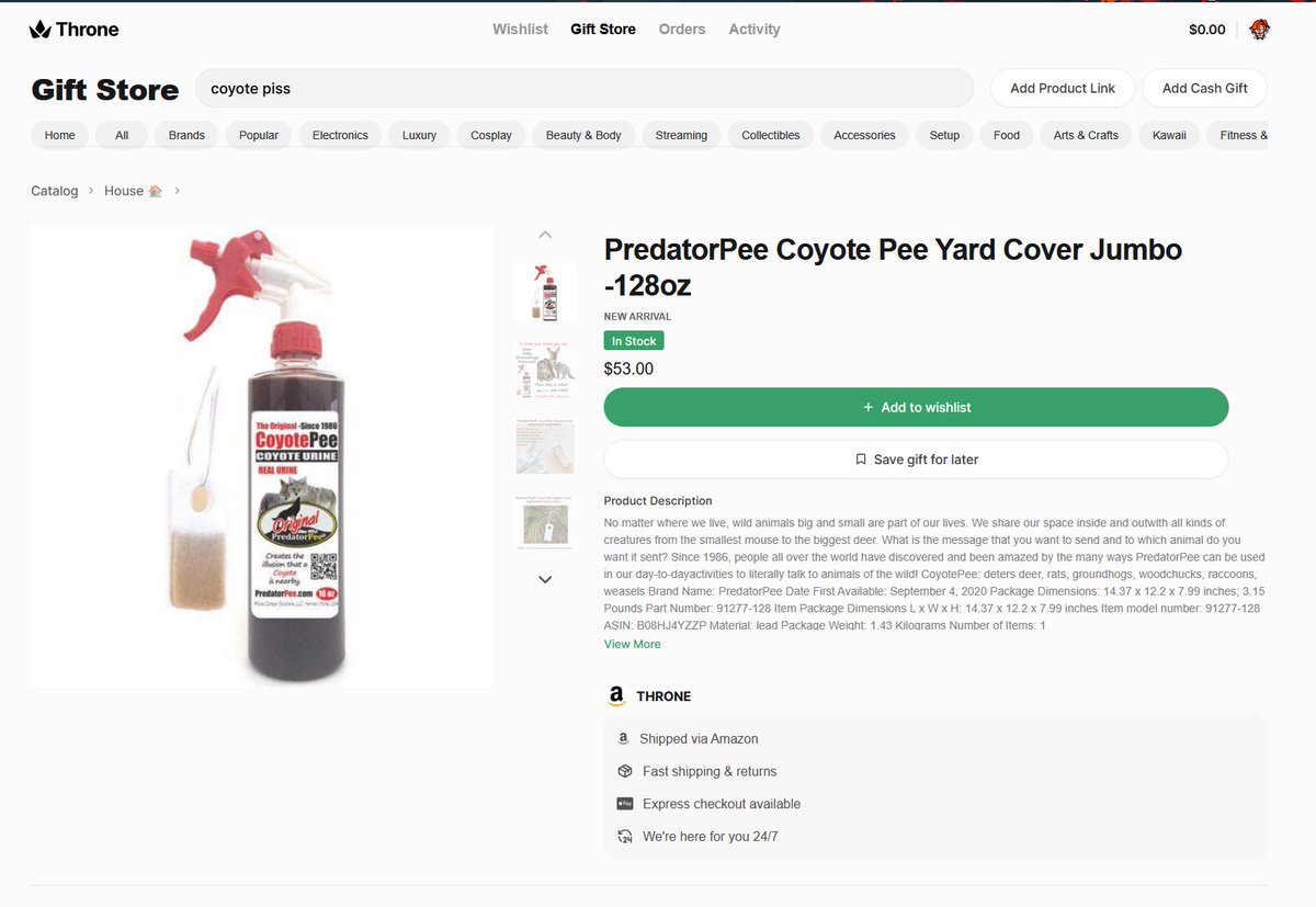 Scrypt1dVT's tweet image. 🍀Hey guys should I add PredatorPee Coyotee piss spray bottle to my throne wishlist?
