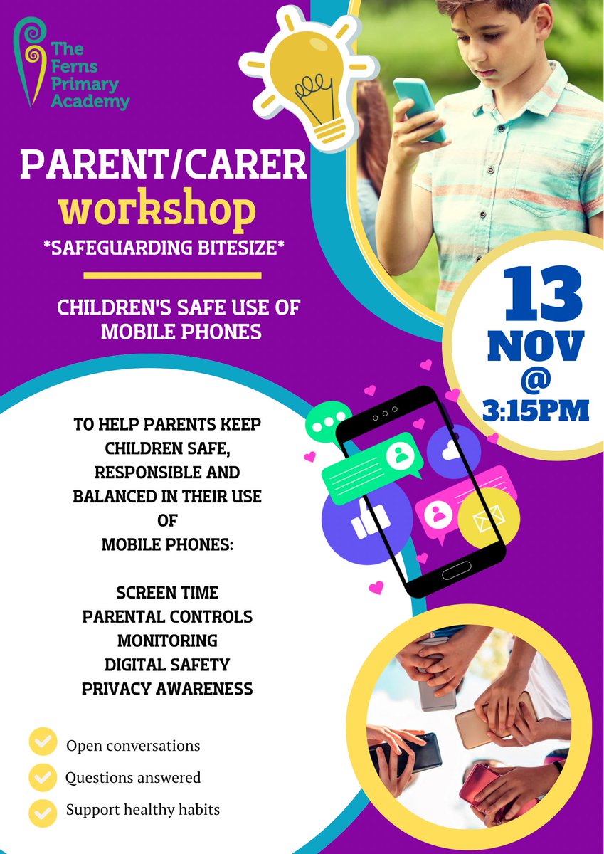 Join us on Thursday, 13th November at 3:15pm at our Safeguarding Bitesize Parent/Carer Workshop
 Theme - Children’s safe use of mobile phones 📱 

Please enter via the school office. No sign up required - all welcome. 

We look forward to seeing you there! 🌿