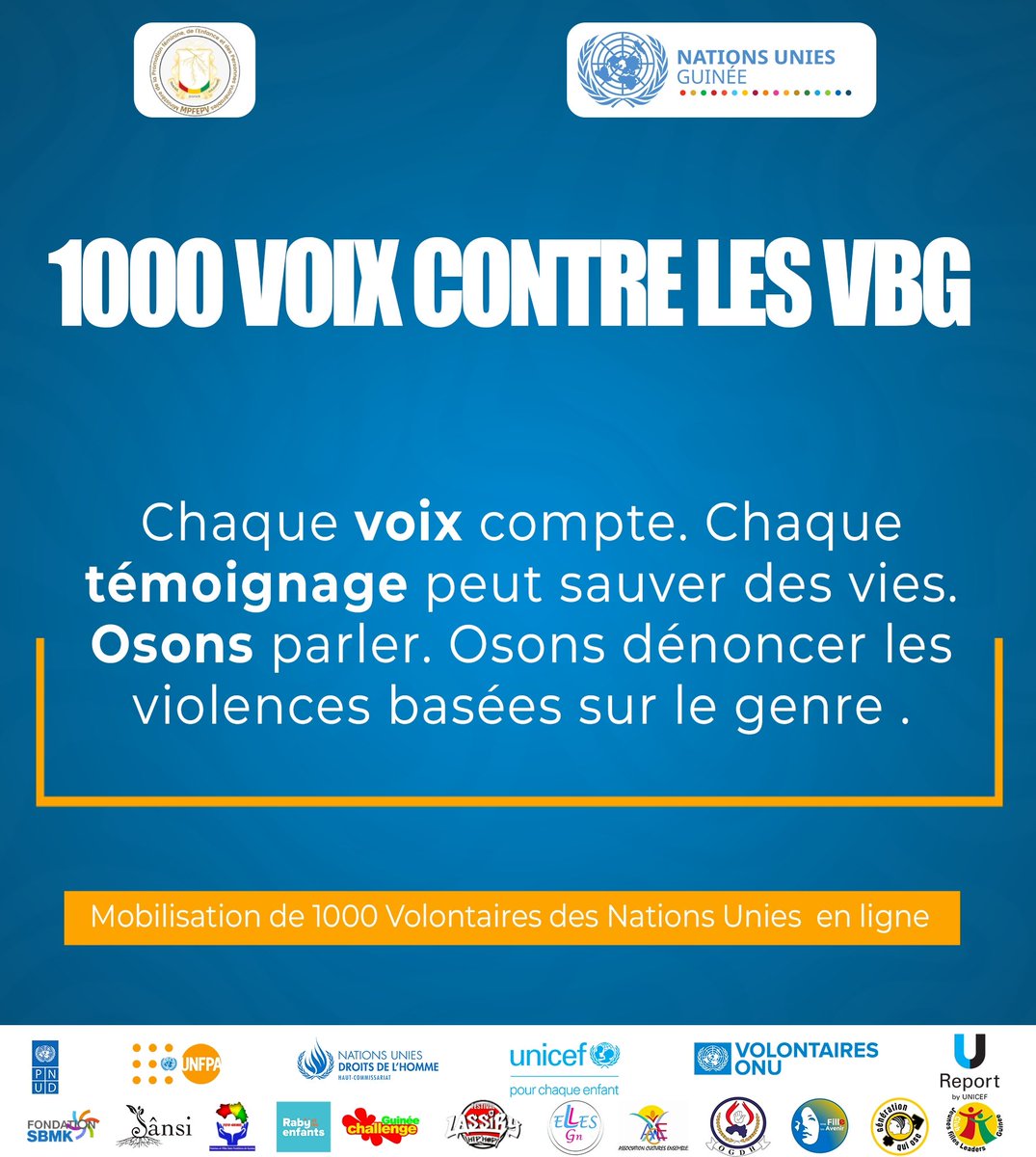 Chaque voix compte. Chaque témoignage peut sauver des vies.
Osons parler. Osons dénoncer les violences basées sur le genre.
#1000VoixContreLesVBG #StopVBG #BriserLeSilence✊🏽

<a href="/OnuGuinee/">NATIONS UNIES GUINEE</a> <a href="/UNICEFGuinea/">UNICEF Guinea</a> <a href="/unfpa_guinee/">UNFPA GUINEE</a> <a href="/PNUDGuinee/">PNUD Guinée</a> <a href="/pvnuguinee/">VNU Guinée</a> <a href="/Onudhguinee/">ONU Droits de l'homme Guinée</a>