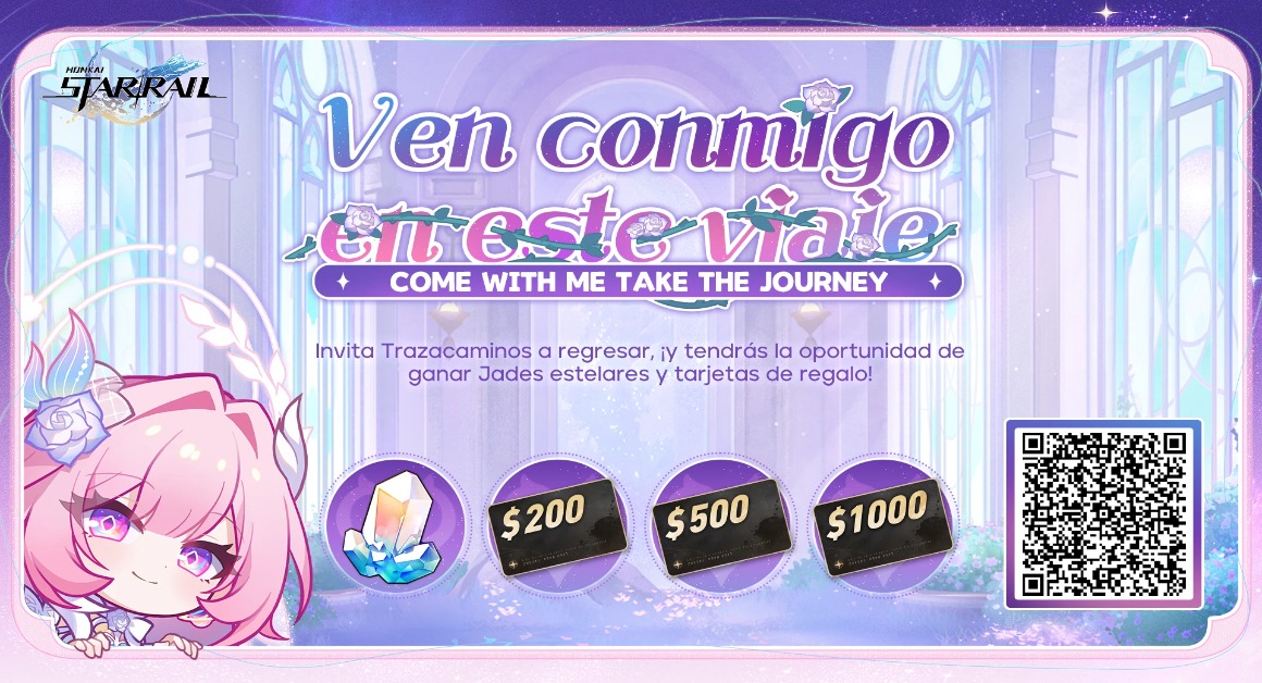 Invita a otros Trazacaminos a vincular tu código de invitación e iniciar sesión en el juego para poder ganar Jade estelar, una tarjeta de regalo y más recompensas sorpresa.