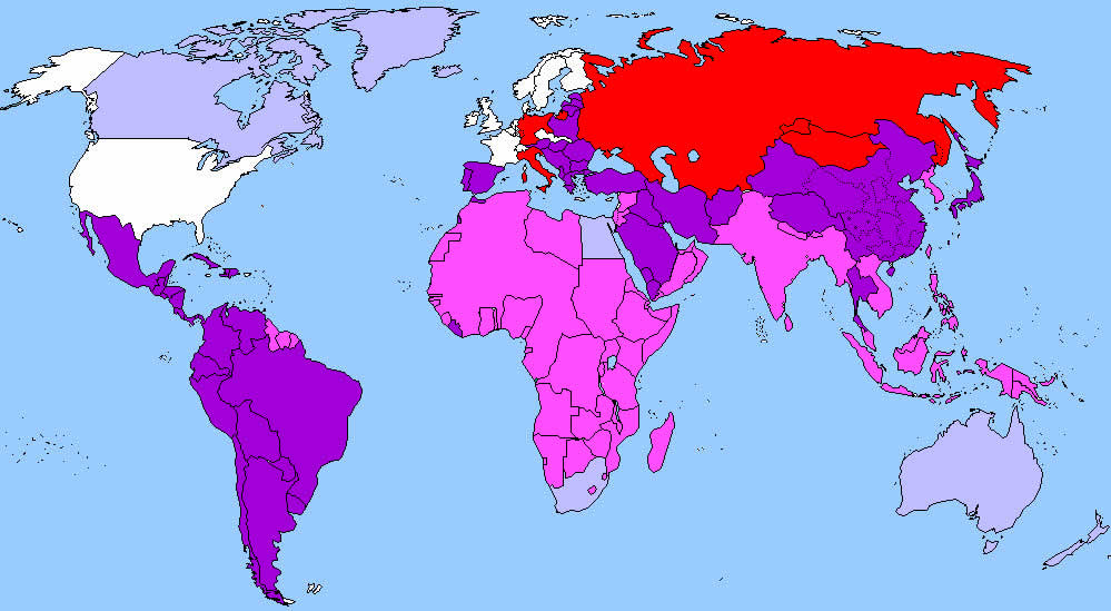 The World in 1939 - Red- totalitarian; purple - authoritarian; pink - colonial regimes; light purple - partial colonial regimes; white - democracies.