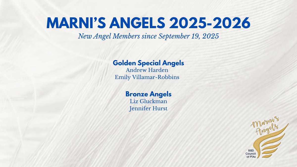 We’re sending a huge thank you to our newest PTA Angel Members! 🌟 Your memberships help us create opportunities for every student to shine. We couldn’t do it without you! 💙🪽 Visit bit.ly/MarnisAngels25 to become a 25-26 Angel.
#RISDDreamBig #RISDPTA #MarnisAngels