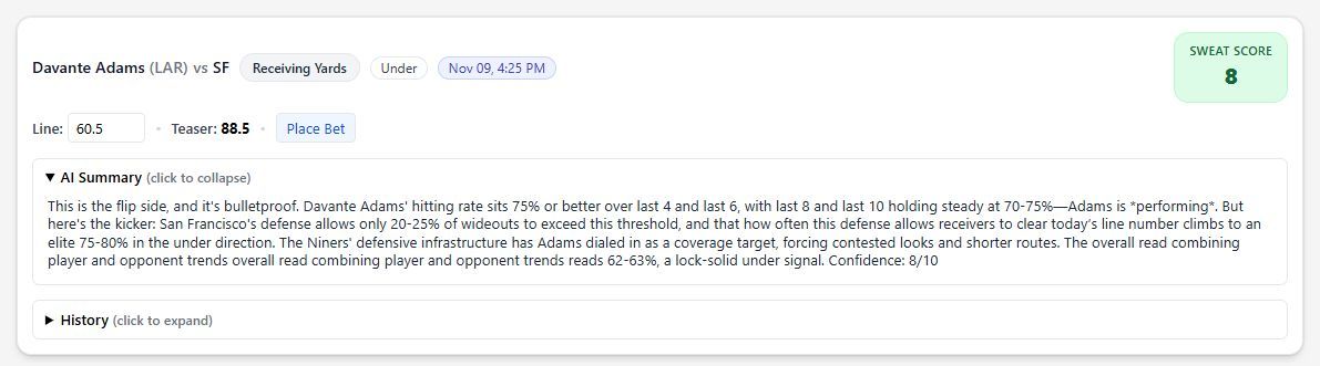 SweatAnalytics's tweet image. Los Angeles Rams @ San Francisco 49ers

Davante Adams UNDER 60.5 Receiving Yds