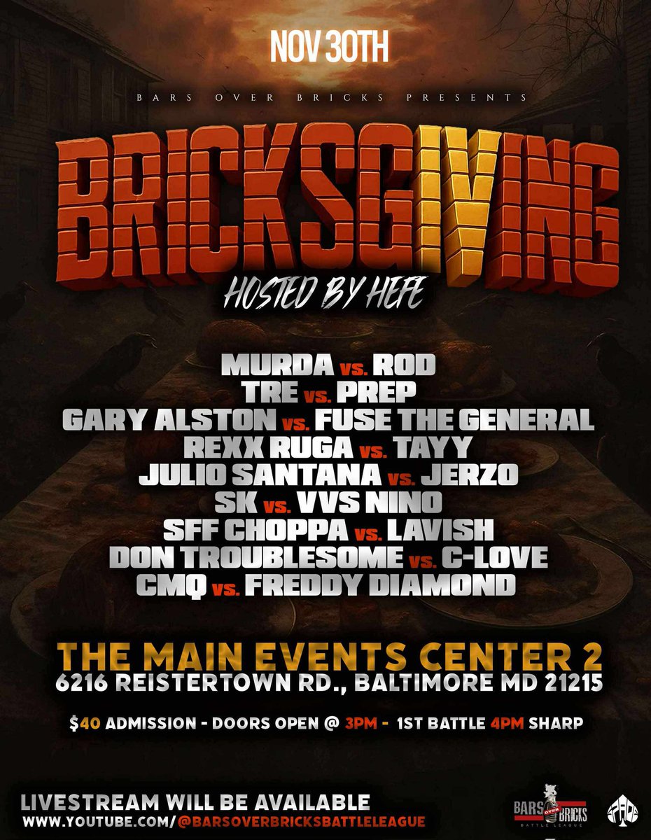 BoBseeAllen's tweet photo. 🧱BARS🔥OVER🔥BRICKS🧱
#BRICKSGIVING4 11/30 
Pull up to the Spaces tomorrow we gon discuss these matchups, talk some shxt, etc 
 @murda_red821 VS  @bmore_rod 
🧱🔥🧱MAIN EVENT🧱🔥🧱 https://t.co/tWbe20PV2x