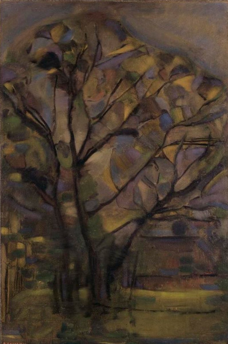 The evening light in Piet Mondrian’s 'The Tree,' (c1908) flattens the forms, and the muted tones reveal the influence of his evolving artistic philosophy. In time, he would move beyond nature, reducing his art to a rectilinear grid of black on white accented with primary colours.