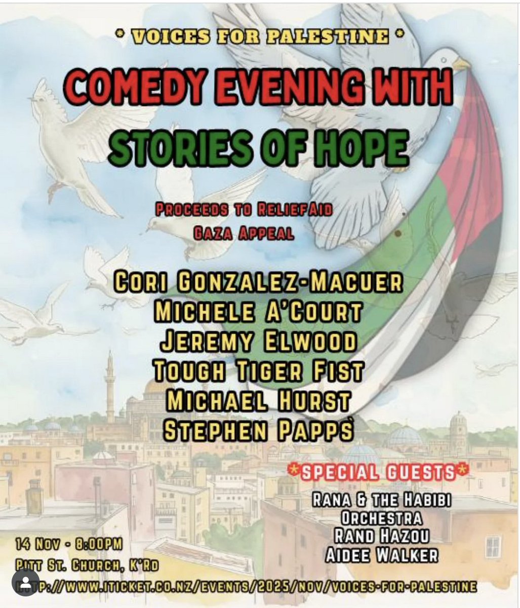 This Friday, folks.  Get along to Pitt St Church for VOICES FOR PALESTINE, a fundraiser for Relief Aid Gaza Appeal. Michael is one of a group of entertainers creating a fun evening for a good cause. 

Info/book: iticket.co.nz/events/2025/no…
