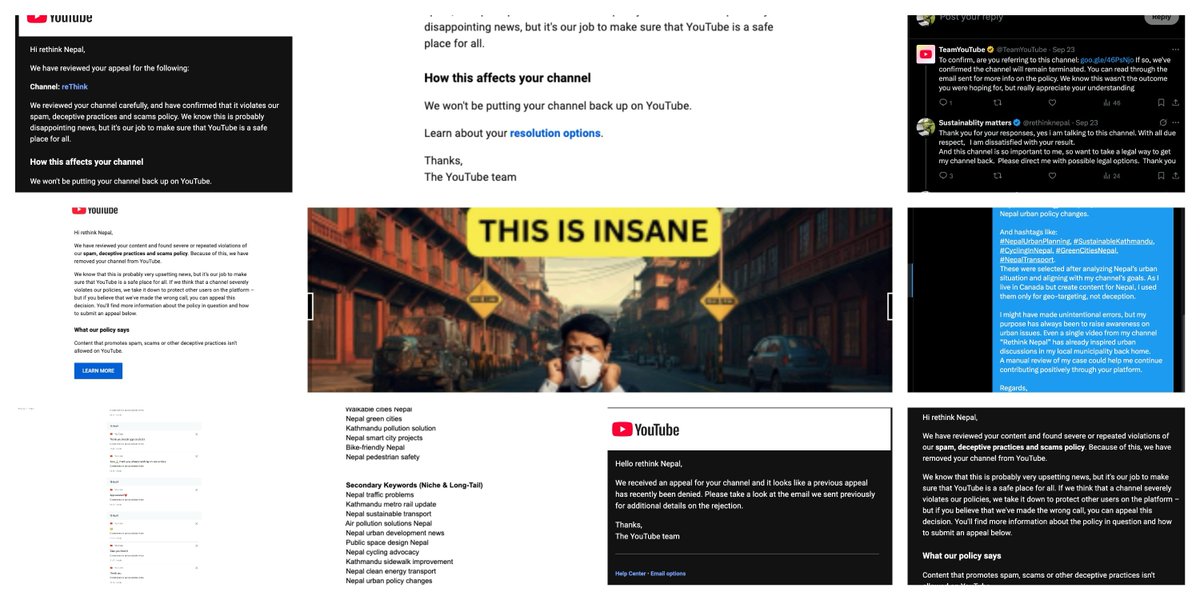 🚨 <a href="/TeamYouTube/">TeamYouTube</a> TERMINATED MY BRAND-NEW CHANNEL AFTER 1 VIDEO.  
Channel: “Rethink Nepal“ – urban planning for Nepali audience.  
Reason: “Spam, deceptive practices &amp; scams”  

I had:  
• 1 long video: “What makes cities worse”  
• 2 shorts  
• 43 subscribers  
• ZERO
