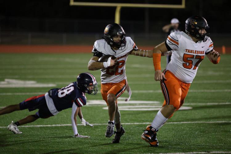 The <a href="/tahldailypress/">TahlequahDailyPress</a> captured this photo of <a href="/WyattStephens57/">Wyatt Stephens</a> lead blocking for <a href="/XaxtonC/">Xaxton Carshall</a>. These two have played together since 3rd grade. Both have developed into amazing young men. Two of <a href="/tahlequah_fb/">Tahlequah Tigers Football</a> best! #OnceATigerAlwaysATiger