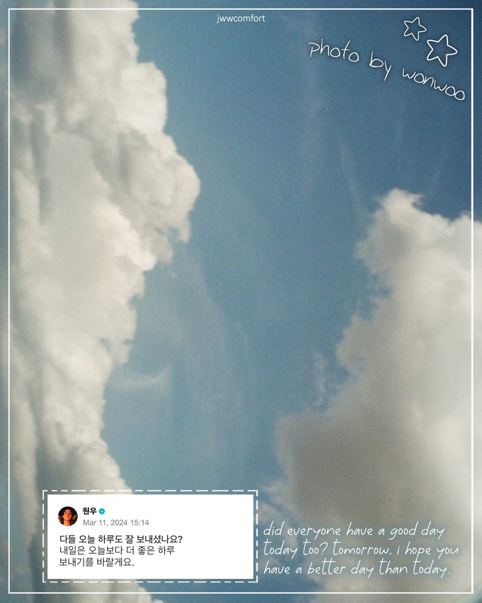 jwwcomfort's tweet photo. .• did everyone have a good day today too? tomorrow, i hope you have a better day than today. •.

#2025MAMAVOTE #SEVENTEEN https://t.co/4NwEKBY3tc