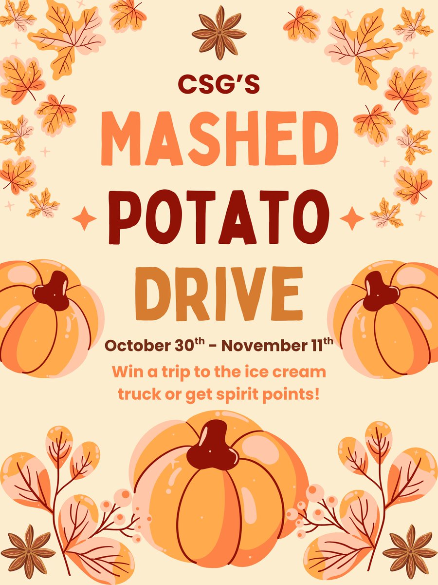 CaravelAcademy's tweet image. You have two more days to donate!!  Please consider bringing in mashed potatoes Monday or Tuesday.  

The annual CSG Mashed Potato Drive is underway and will run until Tuesday, November 11th.  All donations will go to the Food Bank of Delaware. Happy collecting!

@FoodBankofDE