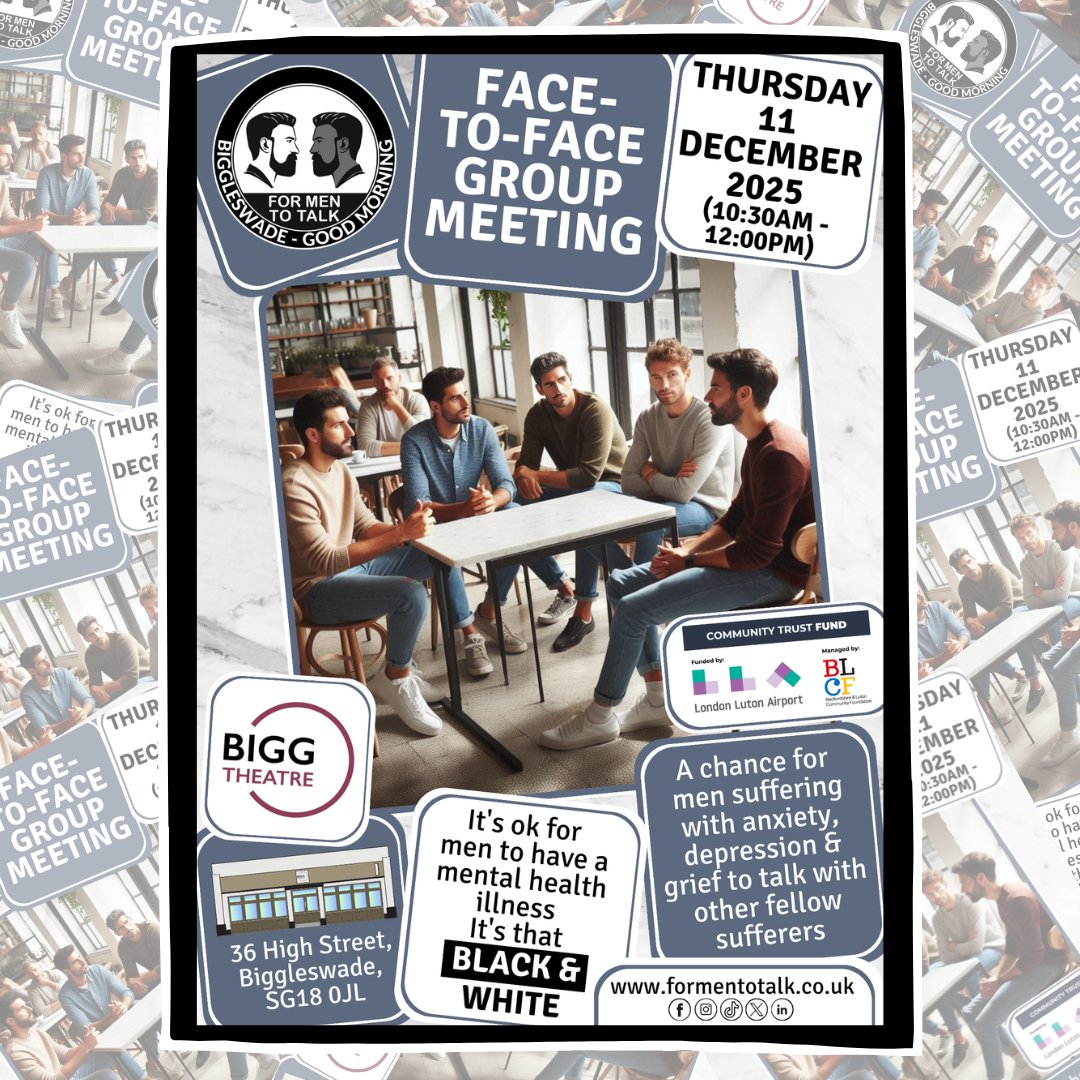 Men of Biggleswade, join us at '@formentotalk #Biggleswade (Good Morning)' for support and understanding. Thursday 11 December 2025, 10:30am-12:00pm at @biggtheatre
#mensmentalhealth #mentalhealth #mentalhealthawareness #menshealth #mentalhealthmatters #mensmentalhealthawareness