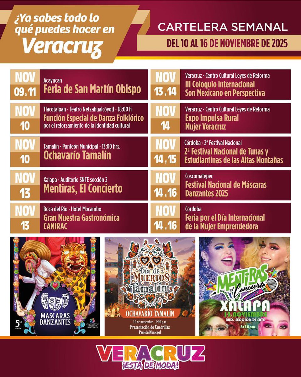 🎉 Del 10 al 16 de noviembre, el ritmo de Veracruz se siente en cada rincón. 💃🎶

Déjate envolver por su alegría, su sabor y su esencia que hacen de este destino ¡una fiesta viva de color y tradición! 🌸💫

#VeracruzEstáDeModa 🌟
